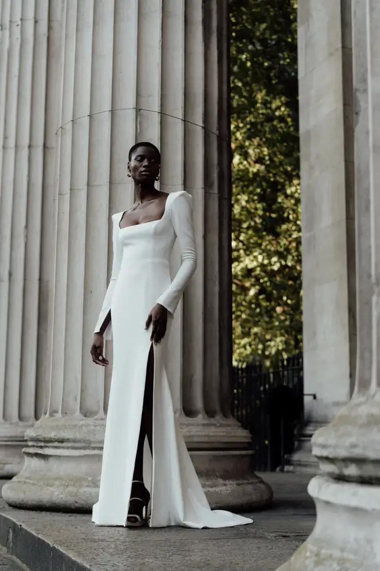 Morgan Davies Bridal model wearing a bridal dress designed by Halfpenny London